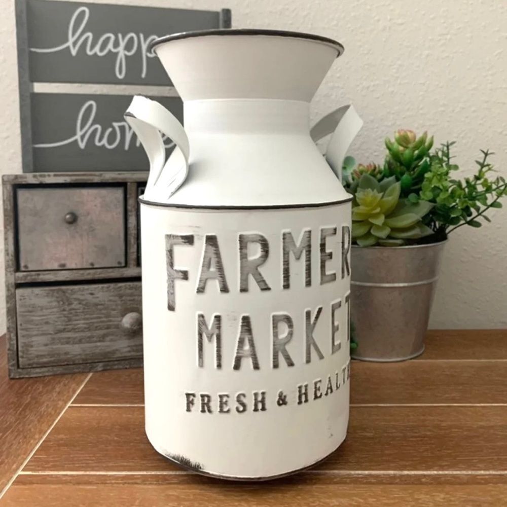 NWT Beautiful Farmers Market Metal Milk Jug vase Décor with Handles, White 10" H - Picture 3 of 15